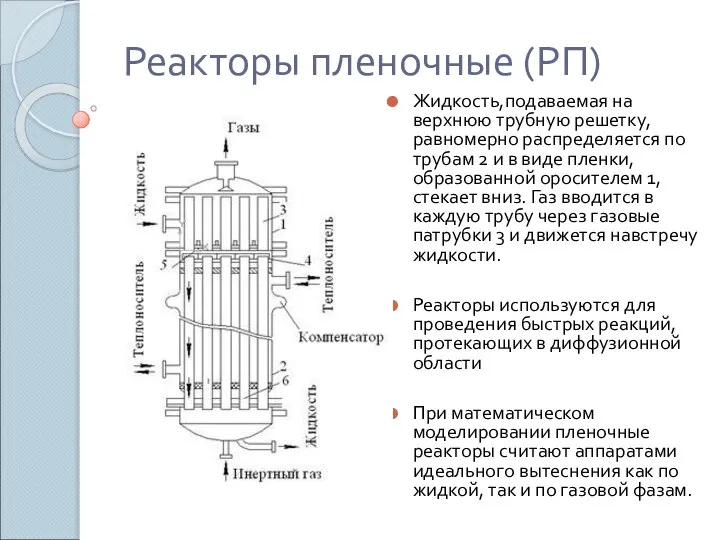 Реакторы пленочные (РП) Жидкость,подаваемая на верхнюю трубную решетку, равномерно распределяется по