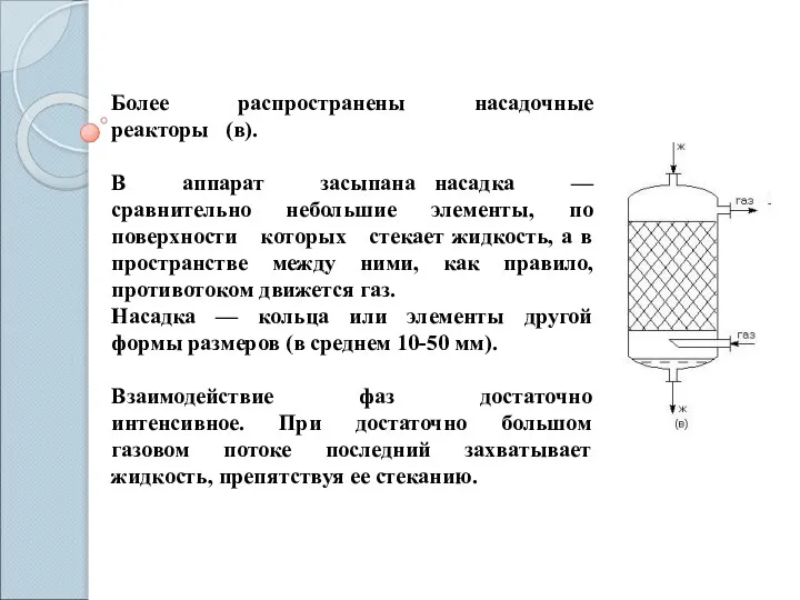 Более распространены насадочные реакторы (в). В аппарат засыпана насадка — сравнительно