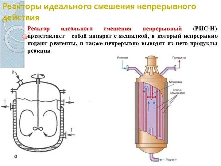Реакторы идеального смешения непрерывного действия Реактор идеального смешения непрерывный (РИС-Н) представляет