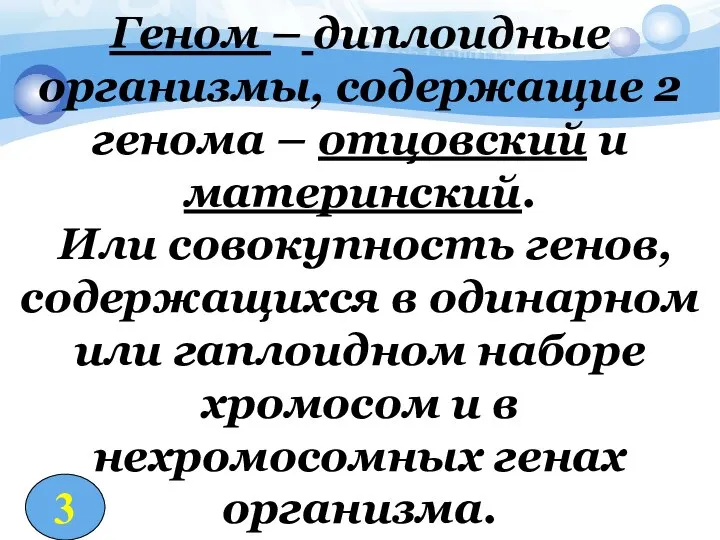 Геном – диплоидные организмы, содержащие 2 генома – отцовский и материнский.