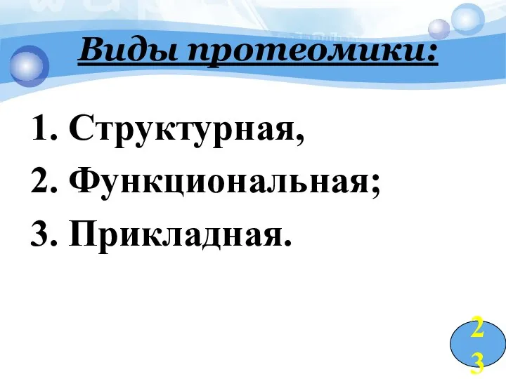 Виды протеомики: 1. Структурная, 2. Функциональная; 3. Прикладная. 23