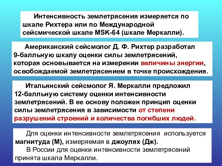 Для оценки интенсивности землетрясения используется магнитуда (М), измеряемая в джоулях (Дж).