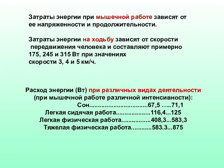 Расход энергии (Вт) при различных видах деятельности (при мышечной работе различной