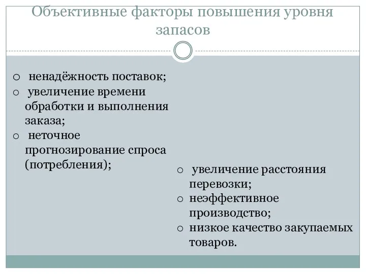 Объективные факторы повышения уровня запасов ненадёжность поставок; увеличение времени обработки и