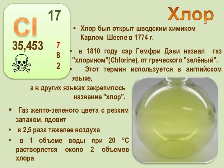 Хлор был открыт шведским химиком Карлом Шееле в 1774 г. Газ