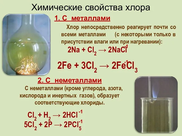 1. С металлами Хлор непосредственно реагирует почти со всеми металлами (с