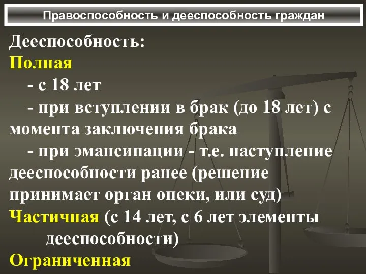 Правоспособность и дееспособность граждан Дееспособность: Полная - с 18 лет -