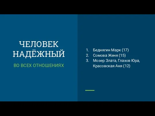 ЧЕЛОВЕК НАДЁЖНЫЙ ВО ВСЕХ ОТНОШЕНИЯХ Беднягин Марк (17) Сомова Женя (15)