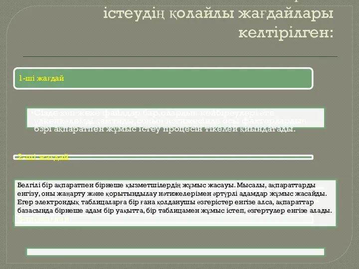 Төменде Microsoft Access жұмыс істеудің қолайлы жағдайлары келтірілген: 1-ші жағдай Сізде