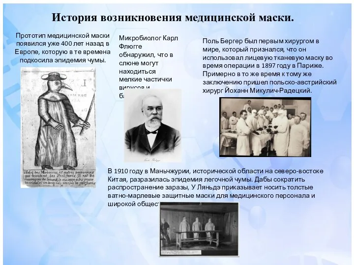 История возникновения медицинской маски. Прототип медицинской маски появился уже 400 лет