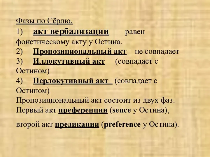 Фазы по Сёрлю. 1) акт вербализации равен фонетическому акту у Остина.