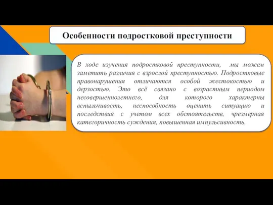 Особенности подростковой преступности В ходе изучения подростковой преступности, мы можем заметить