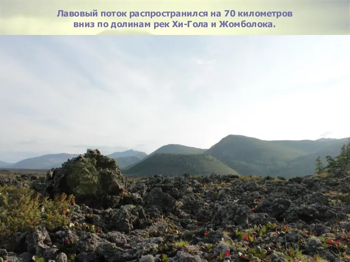 Лавовый поток распространился на 70 километров вниз по долинам рек Хи-Гола и Жомболока.