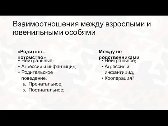 Взаимоотношения между взрослыми и ювенильными особями «Родитель-потомство» Между не родственниками Нейтральные;