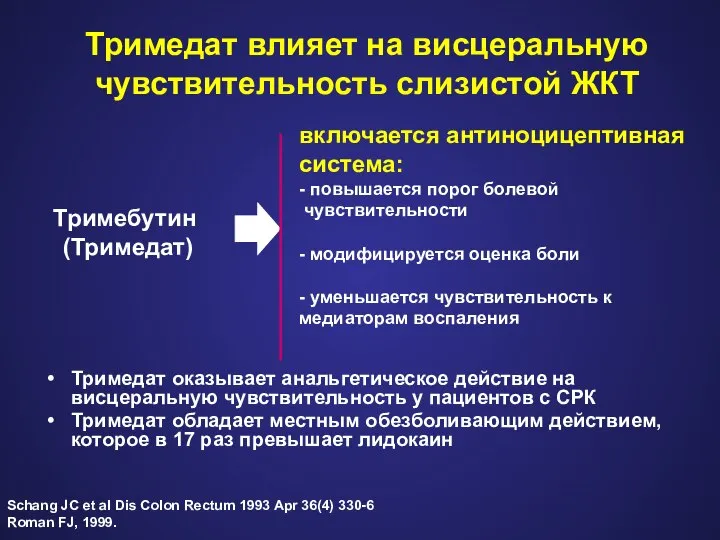 Тримедат влияет на висцеральную чувствительность слизистой ЖКТ Тримедат оказывает анальгетическое действие