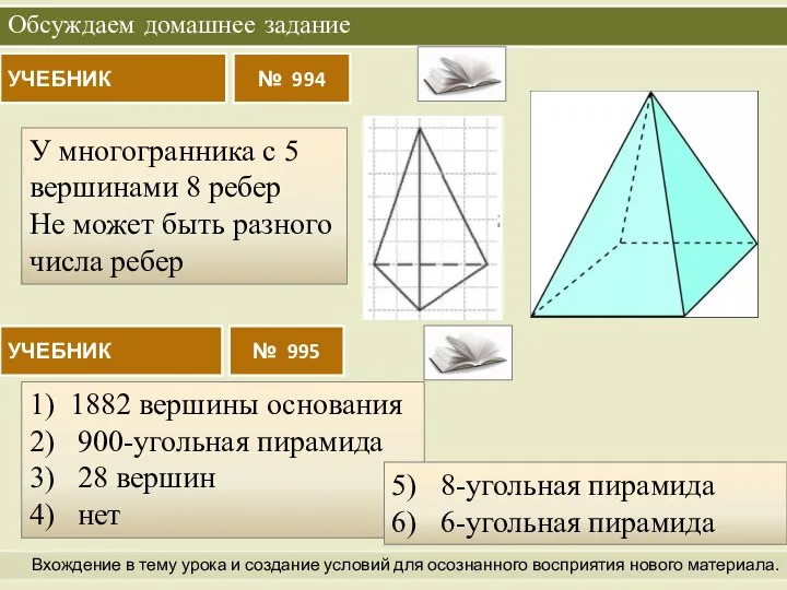 Обсуждаем домашнее задание Вхождение в тему урока и создание условий для