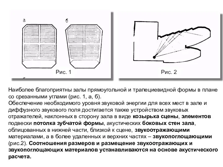 Наиболее благоприятны залы прямоугольной и трапециевидной формы в плане со срезанными