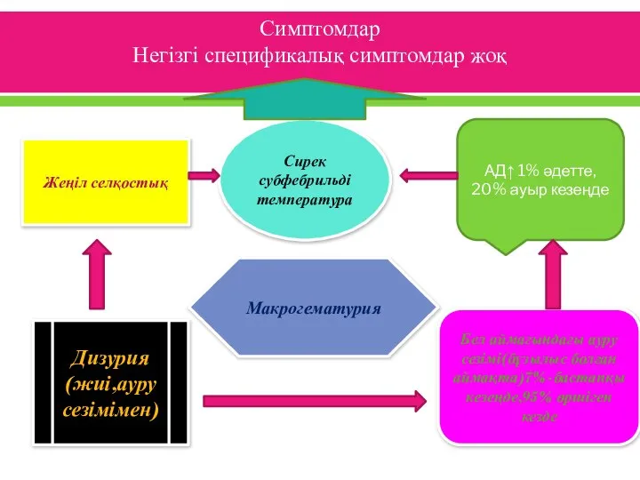 Симптомдар Негізгі спецификалық симптомдар жоқ Жеңіл селқостық Сирек субфебрильді температура Бел