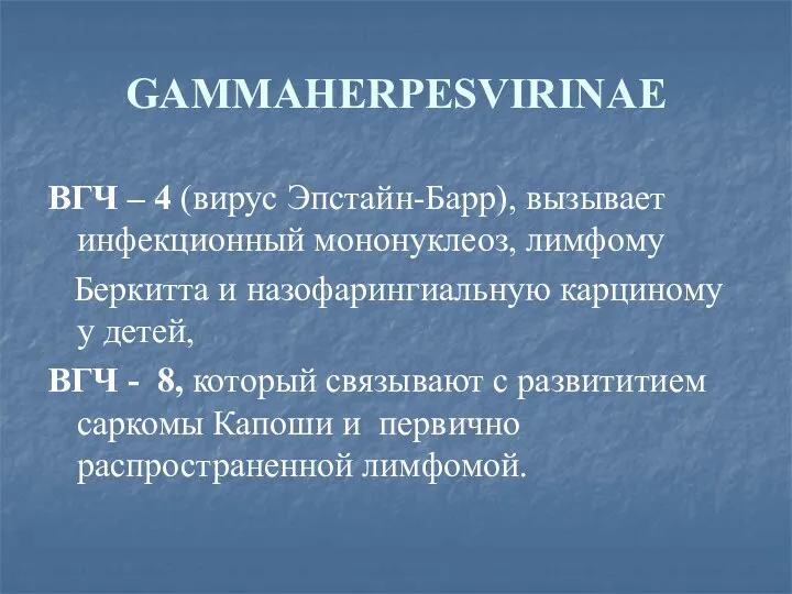 GAMMAHERPESVIRINAE ВГЧ – 4 (вирус Эпстайн-Барр), вызывает инфекционный мононуклеоз, лимфому Беркитта