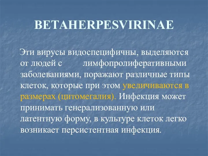 ВЕТАHERPESVIRINAE Эти вирусы видоспецифичны, выделяются от людей с лимфопролиферативными заболеваниями, поражают