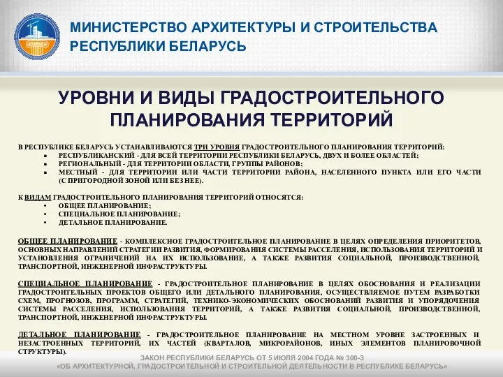 МИНИСТЕРСТВО АРХИТЕКТУРЫ И СТРОИТЕЛЬСТВА РЕСПУБЛИКИ БЕЛАРУСЬ УРОВНИ И ВИДЫ ГРАДОСТРОИТЕЛЬНОГО ПЛАНИРОВАНИЯ