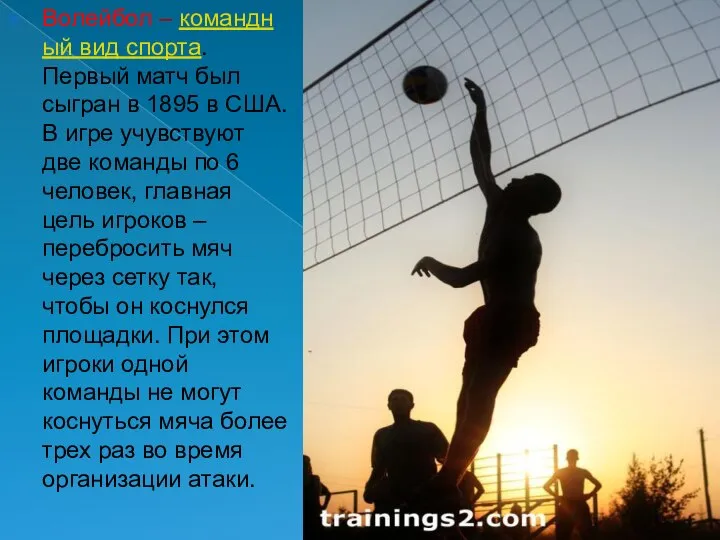 Волейбол – командный вид спорта. Первый матч был сыгран в 1895