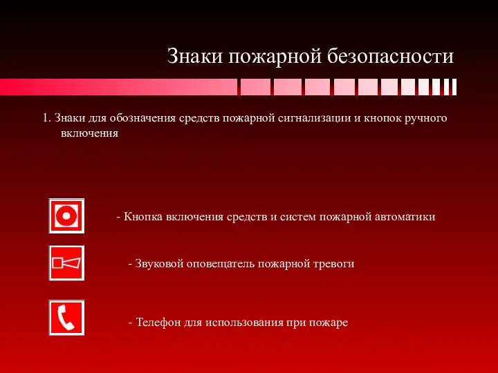 Знаки пожарной безопасности 1. Знаки для обозначения средств пожарной сигнализации и