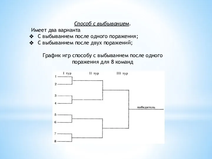 Способ с выбыванием. Имеет два варианта С выбыванием после одного поражения;