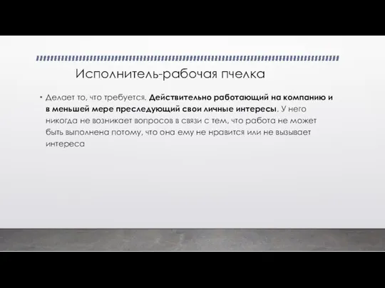 Исполнитель-рабочая пчелка Делает то, что требуется. Действительно работающий на компанию и