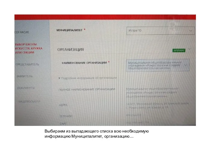 Выбираем из выпадающего списка всю необходимую информацию Муниципалитет, организацию…