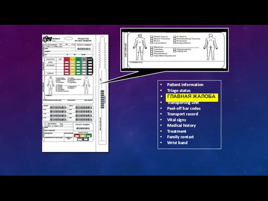 Patient information Triage status ГЛАВНАЯ ЖАЛОБА Transporting unit Peel-off bar codes