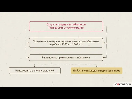 Открытие первых антибиотиков (пенициллин, стрептомицин) Получение и выпуск полусинтетических антибиотиков на