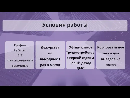 График Работы: 5|2 Фиксированные выходные Дежурства на выходных 1 раз в