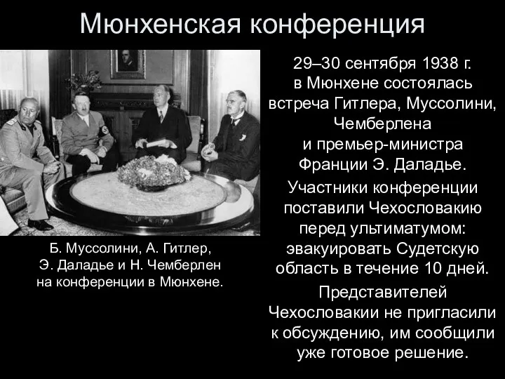 Мюнхенская конференция 29–30 сентября 1938 г. в Мюнхене состоялась встреча Гитлера,