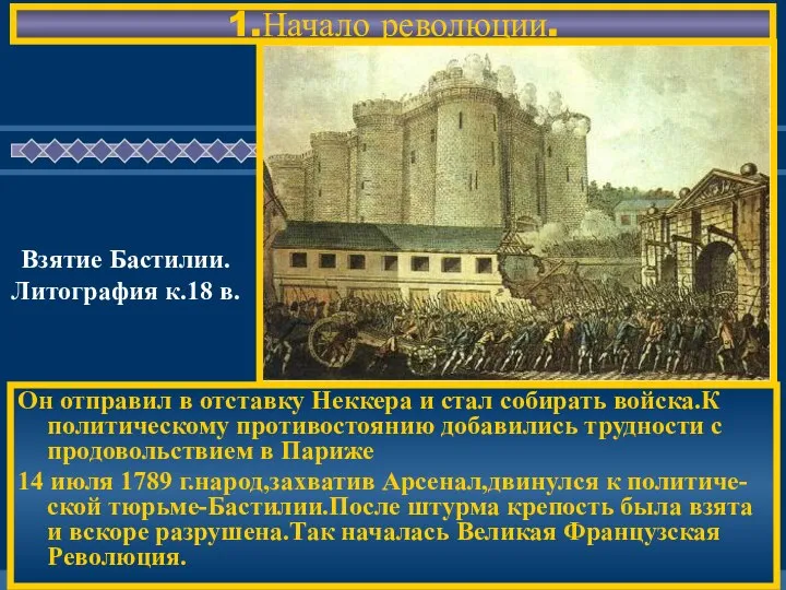 1.Начало революции. Он отправил в отставку Неккера и стал собирать войска.К