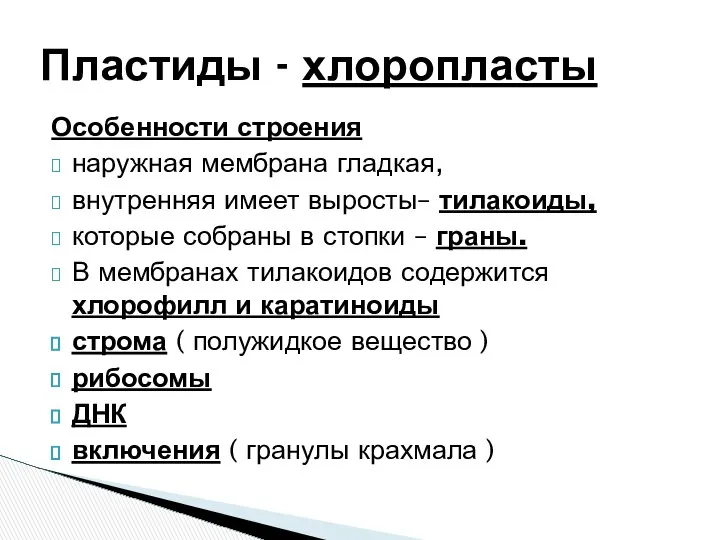 Особенности строения наружная мембрана гладкая, внутренняя имеет выросты– тилакоиды, которые собраны