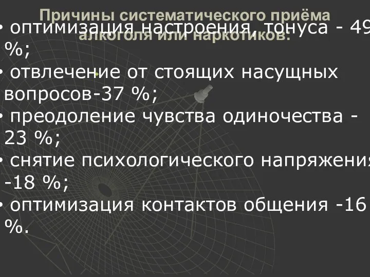 Причины систематического приёма алкоголя или наркотиков: оптимизация настроения, тонуса - 49