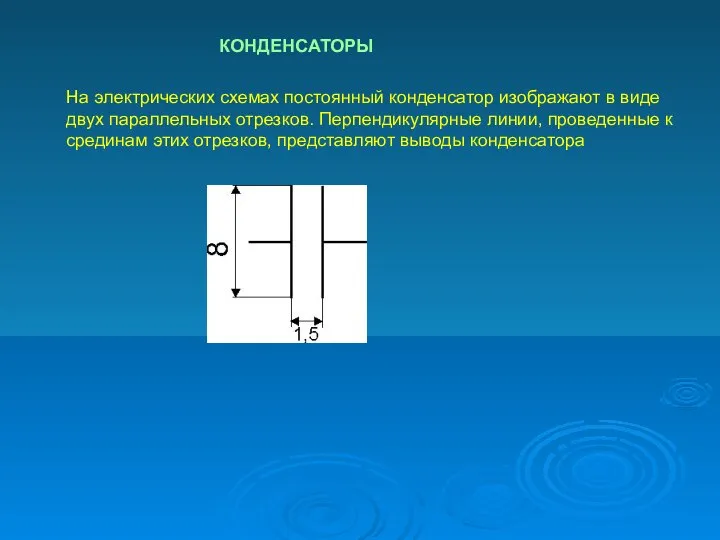 КОНДЕНСАТОРЫ На электрических схемах постоянный конденсатор изображают в виде двух параллельных