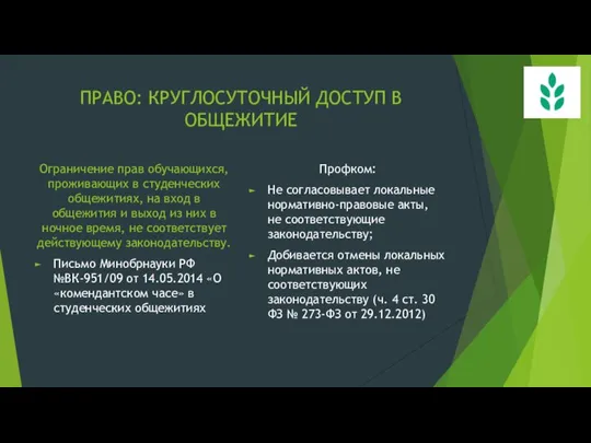 ПРАВО: КРУГЛОСУТОЧНЫЙ ДОСТУП В ОБЩЕЖИТИЕ Ограничение прав обучающихся, проживающих в студенческих