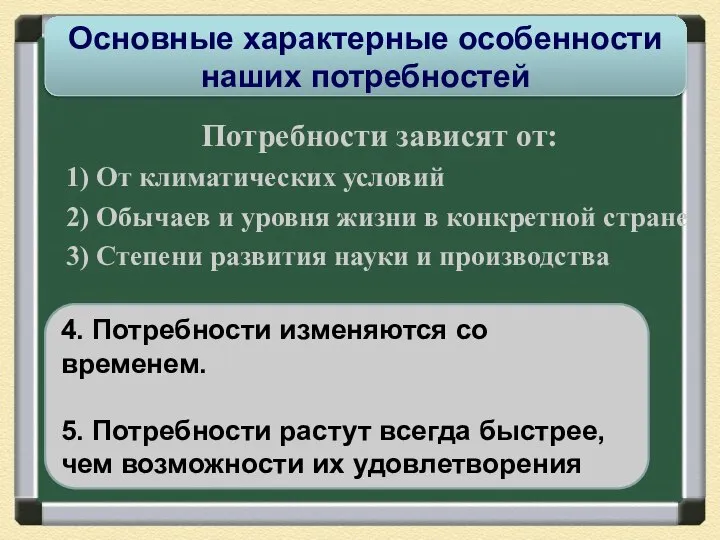 Потребности зависят от: 1) От климатических условий 2) Обычаев и уровня