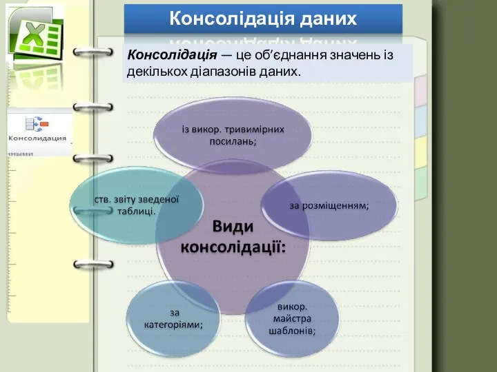 Консолідація даних Консолідація — це об’єднання значень із декількох діапазонів даних.