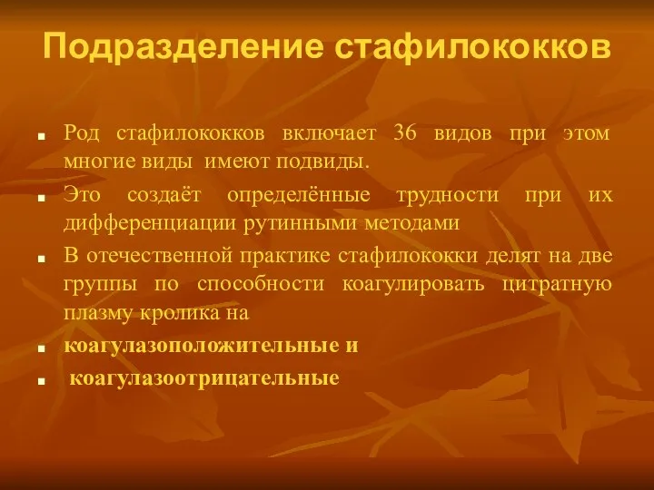 Подразделение стафилококков Род стафилококков включает 36 видов при этом многие виды