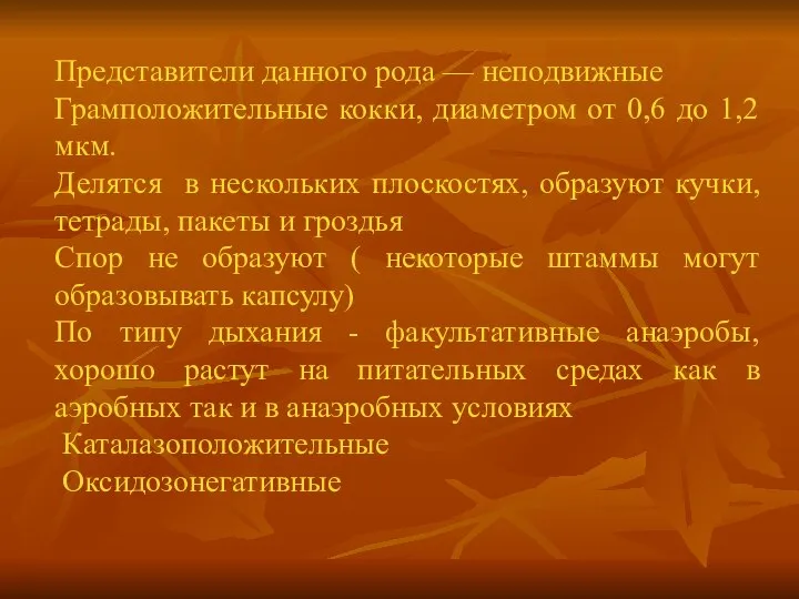 Представители данного рода — неподвижные Грамположительные кокки, диаметром от 0,6 до