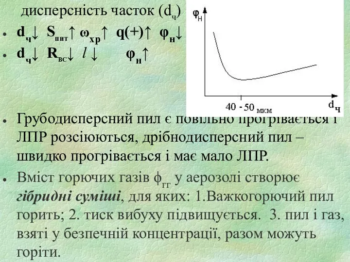 дисперсність часток (dч) dч↓ Sпит↑ ωхр↑ q(+)↑ φн↓ dч↓ RВС↓ l