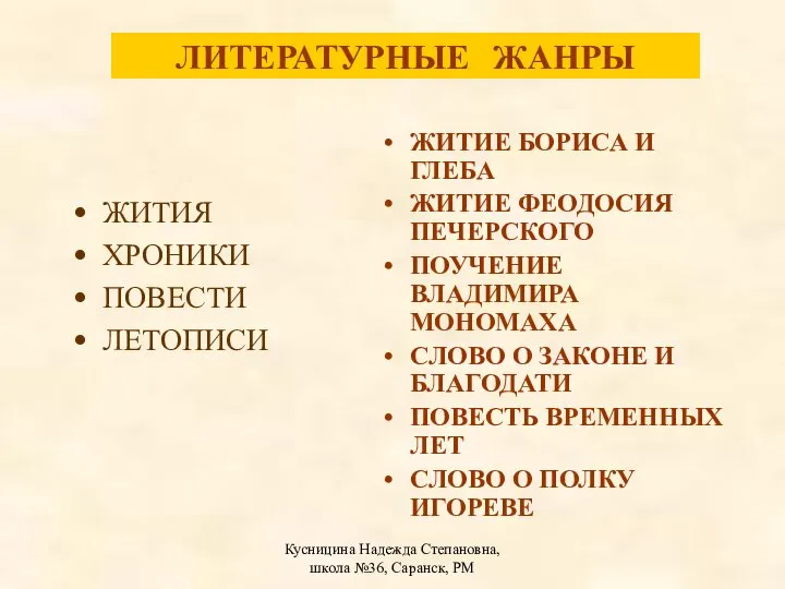 Кусницина Надежда Степановна, школа №36, Саранск, РМ ЛИТЕРАТУРНЫЕ ЖАНРЫ ЖИТИЯ ХРОНИКИ