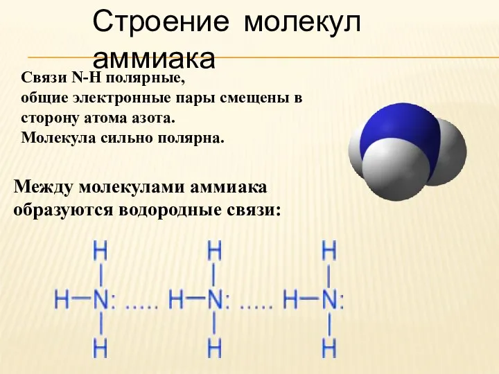 Строение молекул аммиака Между молекулами аммиака образуются водородные связи: Связи N-H