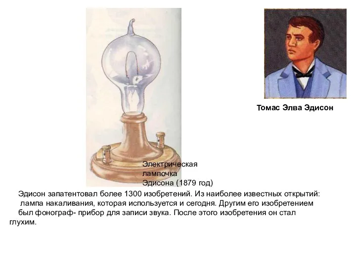 Томас Элва Эдисон Эдисон запатентовал более 1300 изобретений. Из наиболее известных