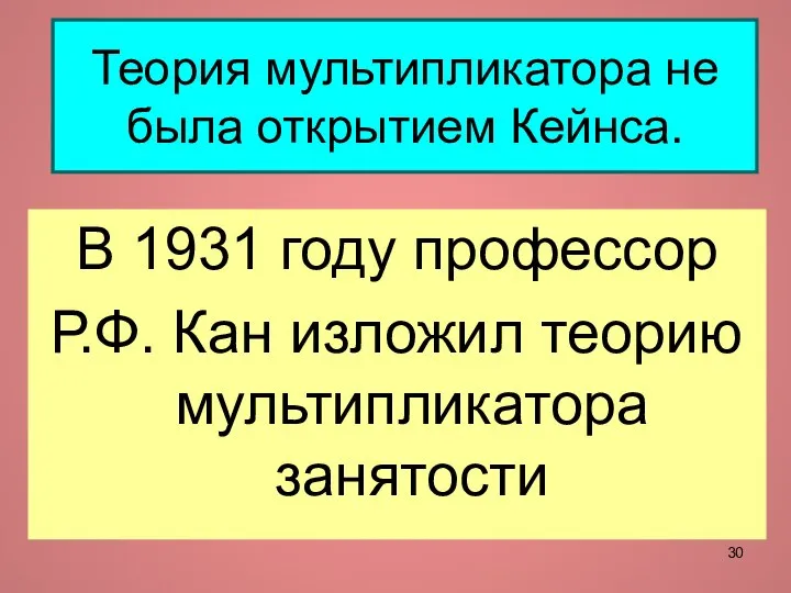 Теория мультипликатора не была открытием Кейнса. В 1931 году профессор Р.Ф. Кан изложил теорию мультипликатора занятости