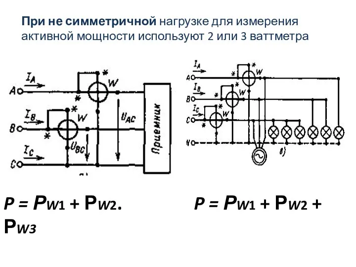 При не симметричной нагрузке для измерения активной мощности используют 2 или