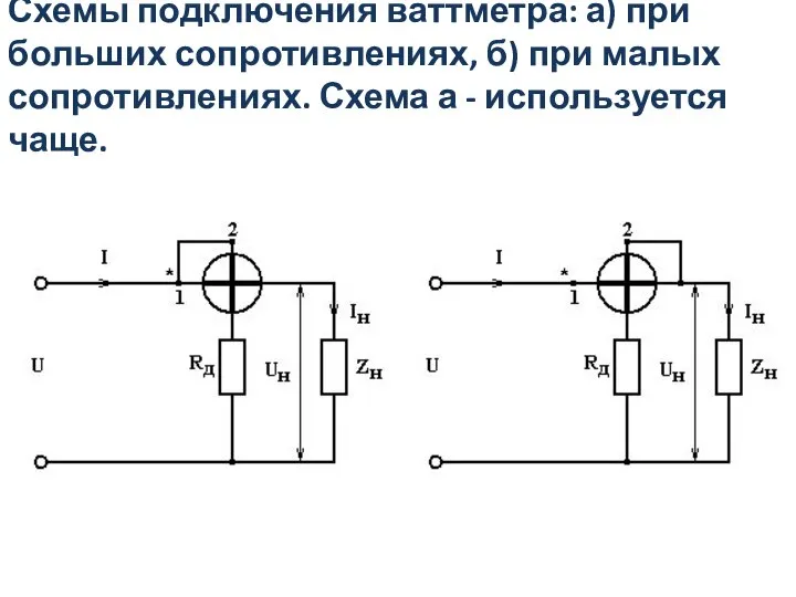 Схемы подключения ваттметра: а) при больших сопротивлениях, б) при малых сопротивлениях. Схема а - используется чаще.